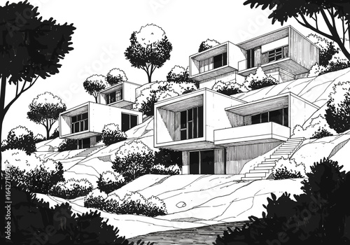 Modern house architecture sketch on hillside black and white illustration