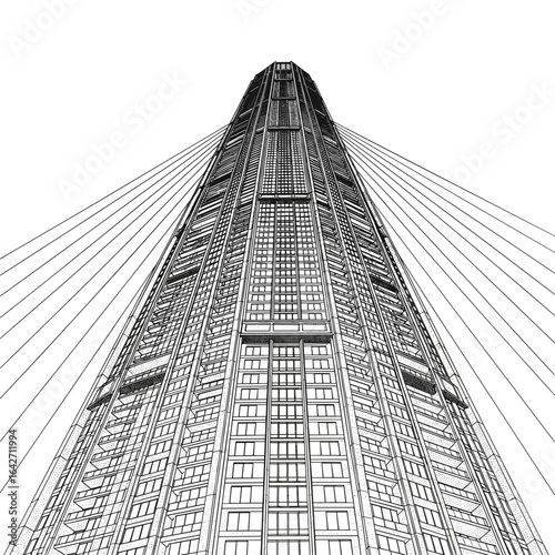 Architectural drawing of skyscraper building with cable stay design