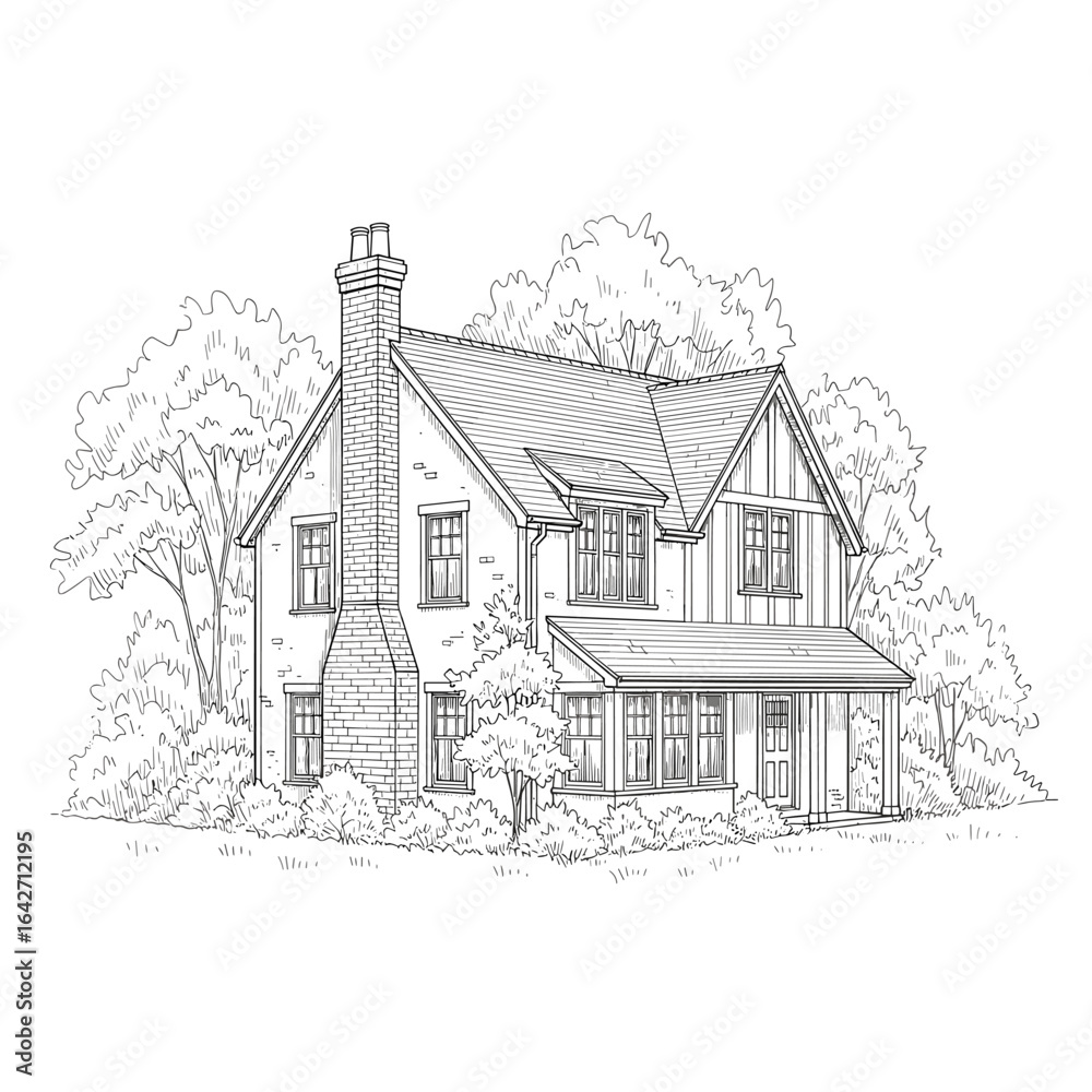 Obraz premium Architectural drawing of a house with chimney and surrounding trees