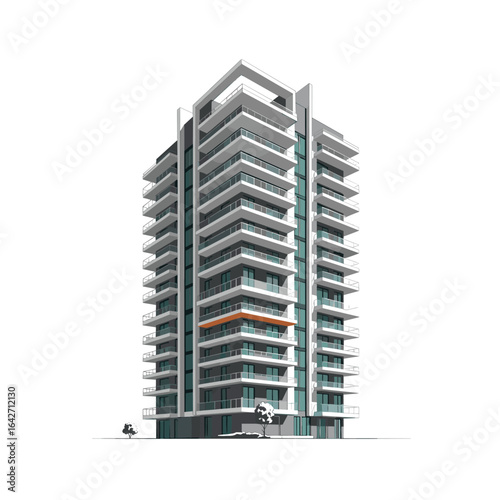 Architectural rendering of modern high rise apartment building design