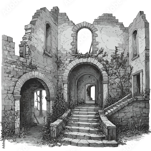 Illustration of old stone ruin building architecture with archways