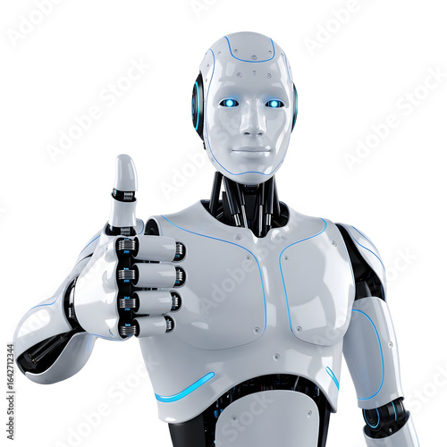 Advanced humanoid robot gives enthusiastic thumbs up, signaling positive progress and future innovation.
