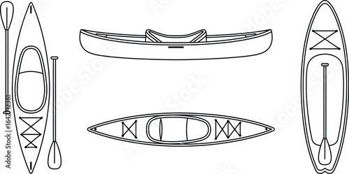 Kayak canoe paddleboard vector illustration boat outline set