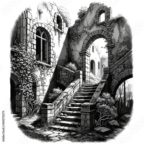 Drawing of ancient ruins stone architecture with archways and stairs