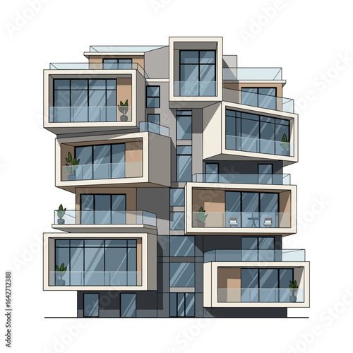 Modern architecture building design with balconies and glass windows