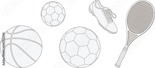 Sports equipment balls shoes and tennis racket vector graphic