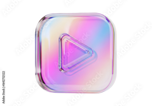 Stunning iridescent glass play button icon with vibrant holographic reflections, perfect for modern media and technology concepts.