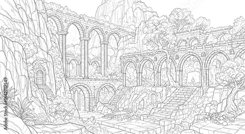 Ruined ancient architecture coloring page for adults and children art