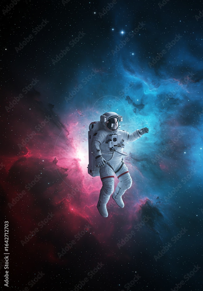 Fototapeta premium Astronaut Wearing Spacesuit Floating in Colorful Nebula Space Scene