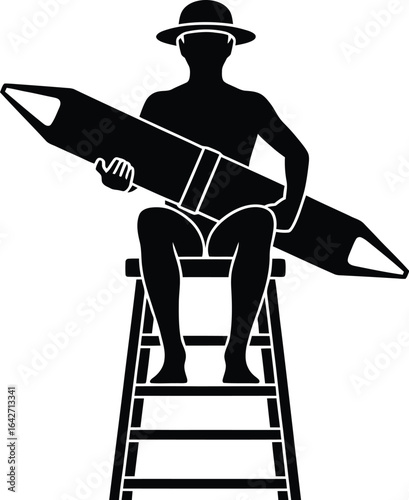 Illustration of artist with pencil sitting on a ladder art