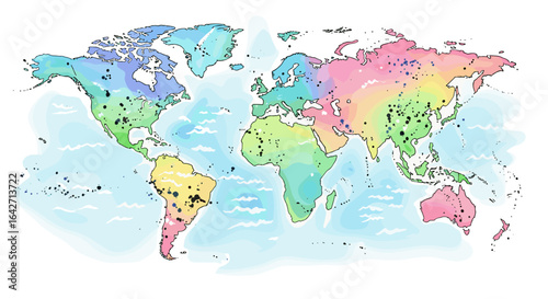 Watercolor world map illustration for geography and travel enthusiasts