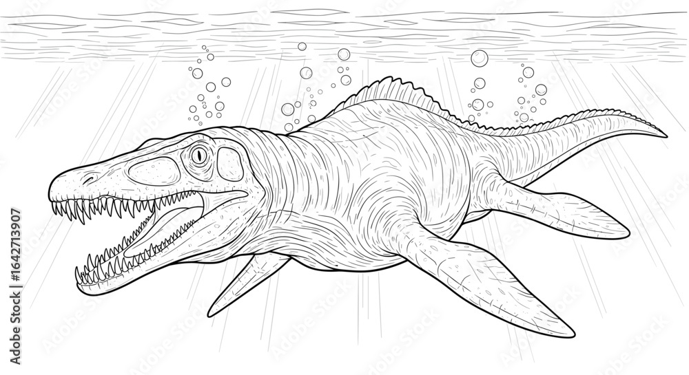 Fototapeta premium Line art drawing of a prehistoric marine reptile swimming underwater