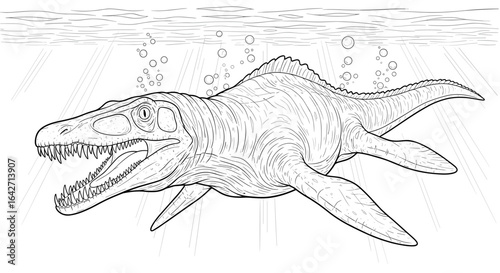 Line art drawing of a prehistoric marine reptile swimming underwater