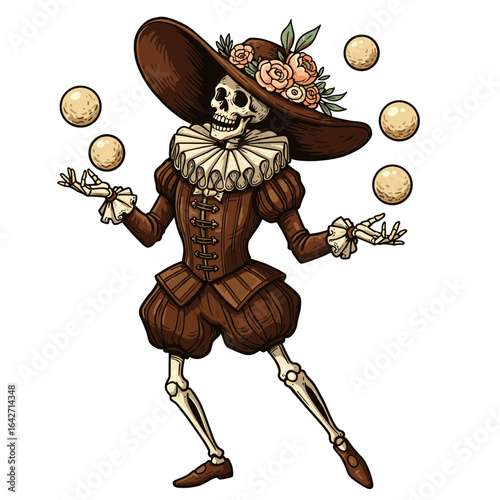 Skeleton juggler in victorian attire with ornate hat and ruff collar