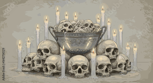 A macabre collection of human skulls and burning candles arranged in a spooky halloween scene