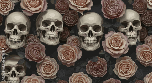 Skulls and roses pattern with a dark gothic aesthetic