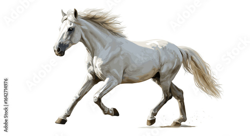 Majestic white horse galloping with flowing mane and tail on white background