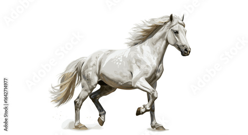 Majestic white horse in motion with flowing mane and tail