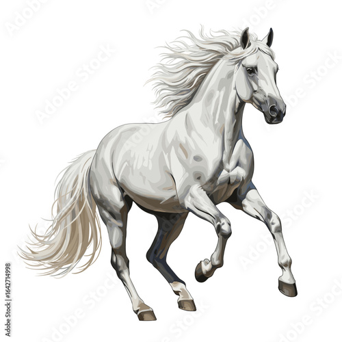 Majestic white horse galloping with flowing mane and tail