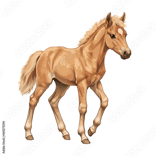 Adorable light brown horse foal walking gracefully on a white background