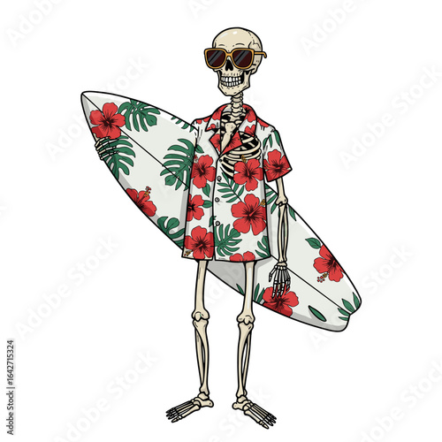 Skeleton surfer wearing hawaiian shirt and sunglasses holding surfboard