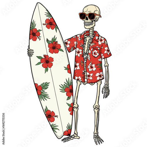 Skeleton surfer in hawaiian shirt holding a floral surfboard