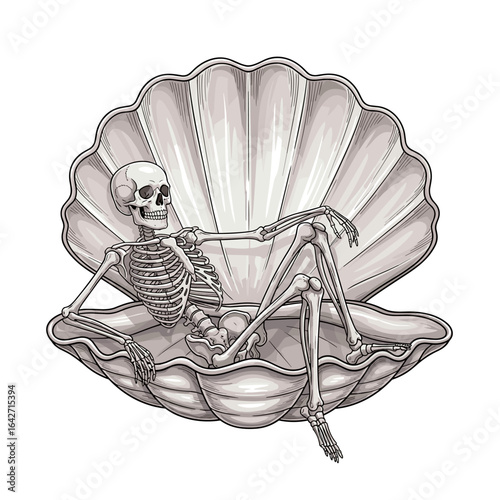 Skeleton relaxing in a large ornate seashell