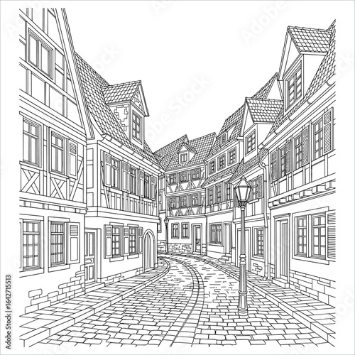 Detailed sketch of a charming european cobblestone street lined with historic half timbered buildings