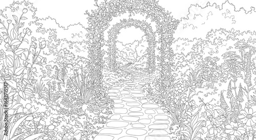 Enchanting garden archway with a stone path leading through lush foliage
