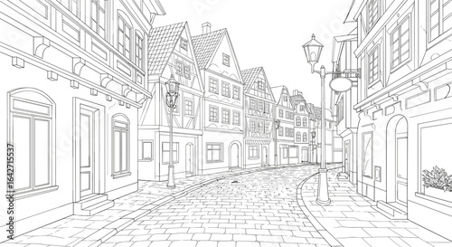 Architectural sketch of a european cobblestone street lined with buildings