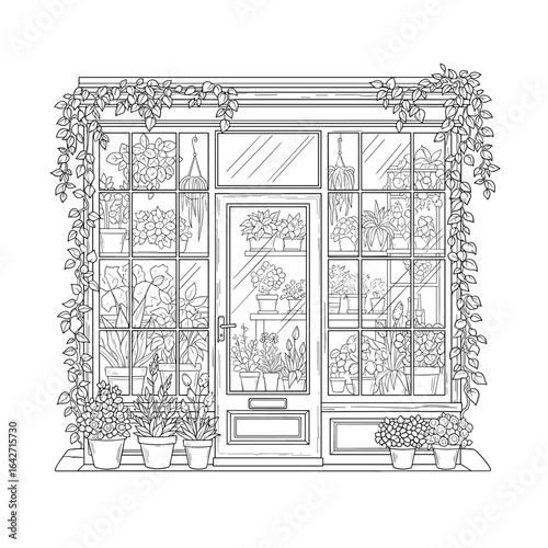 Charming hand drawn illustration of a quaint storefront with plants and vines