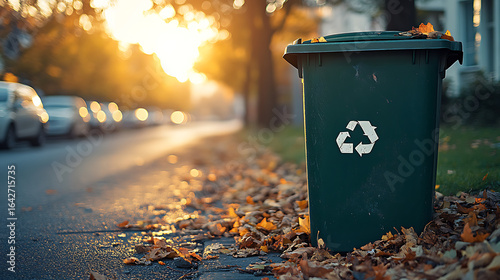 A green trash bin on a curbside during early morning, slightly tilted with scattered leaves around, street and parked cars blurred in background. Soft sunrise lighting. Created Using: urban realism,