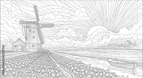 Detailed line drawing of a dutch windmill in a field of flowers with a sunrise in the background