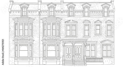 Architectural drawing of a historic row house with detailed facade and windows