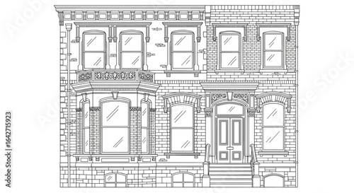 Detailed architectural line drawing of a historic brick townhouse facade with ornate windows and doorway