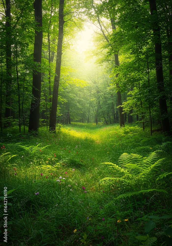 Obraz premium Sunlit Green Forest Path with Tall Trees and Lush Vegetation
