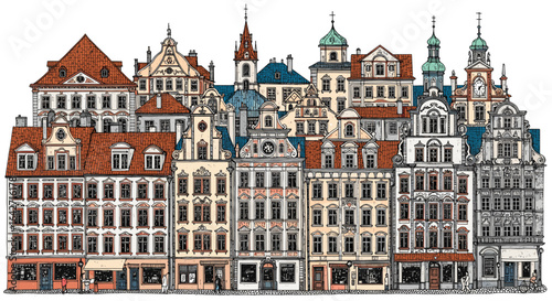 Colorful european cityscape with tall buildings and steep roofs