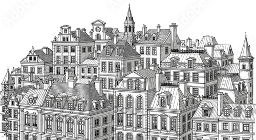 Detailed black and white sketch of a dense european cityscape with many historical buildings and rooftops