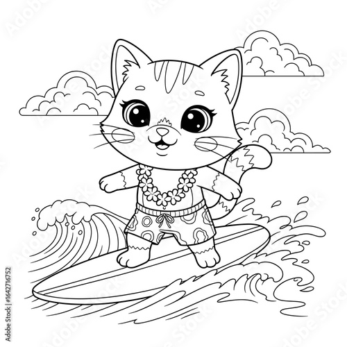 Cute cartoon kitten surfing on a surfboard in the ocean with waves and clouds
