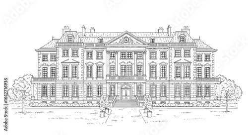 Elegant hand drawn sketch of a grand european mansion facade