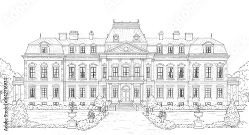 Elegant baroque palace facade with formal gardens and reflecting pool hand drawn sketch