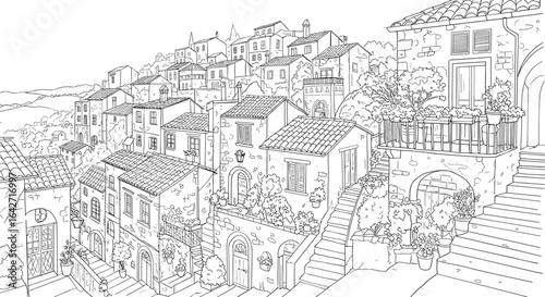 Detailed line drawing of a charming european village nestled on a hillside