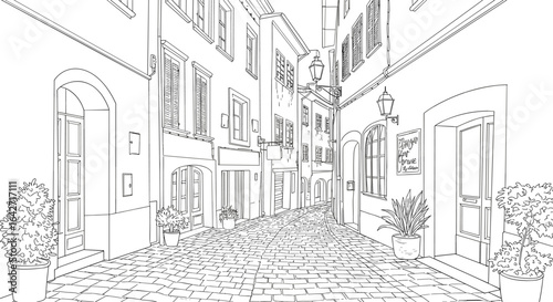 Sketch of a cobblestone alleyway with buildings and plants