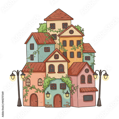 Charming cluster of colorful european style houses with cobblestone street lamps