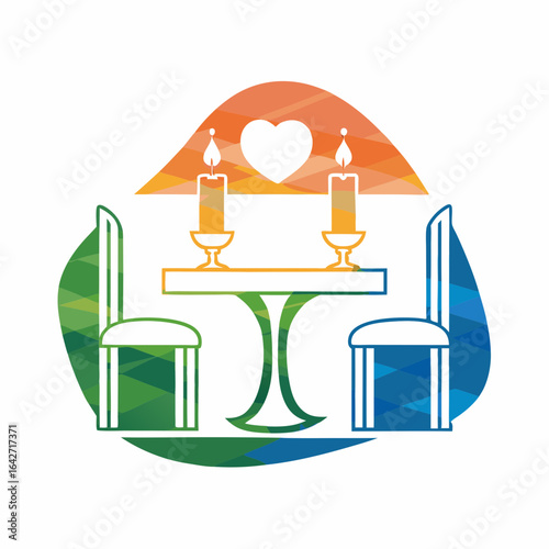 Romantic candlelight dinner setup with table and chairs in love, Valentine's Day, minimalist flat vector style     