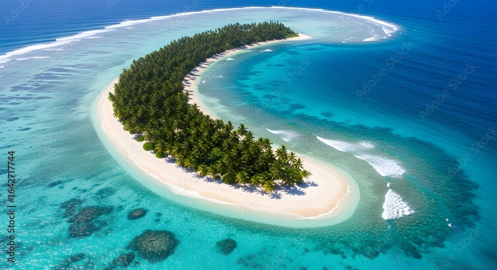 Fototapeta premium An idyllic aerial view of a remote crescent-shaped tropical island with a white sandy beach and turquoise lagoon.