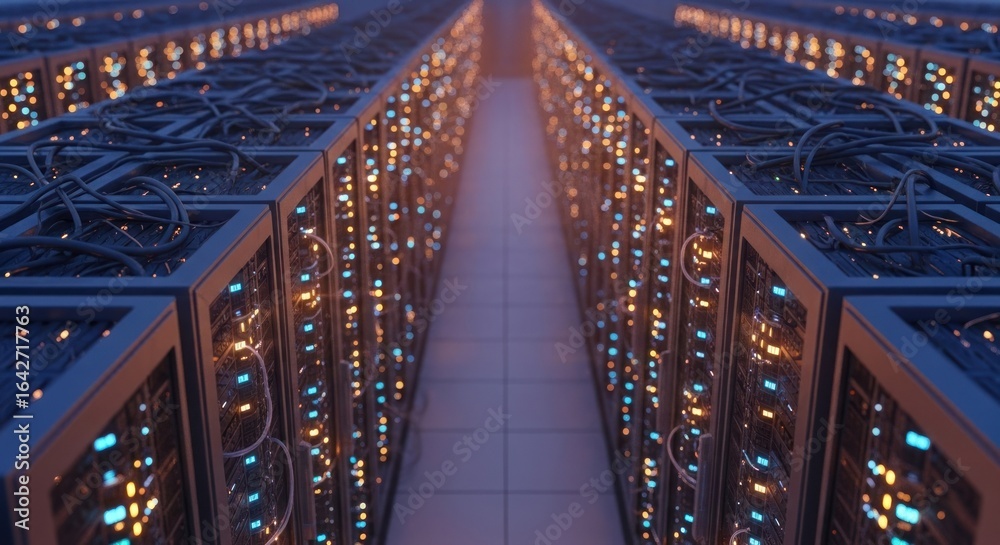 Fototapeta premium Server racks stretch into the distance, a digital information hub