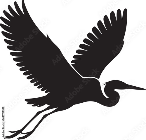 Flying great blue heron silhouette vector illustration wildlife design black on white background