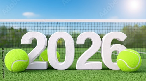 Vibrant 3D Number 2026 Made of Tennis Balls on Grass Court with Sunlight - Concept for Upcoming Year Celebrations