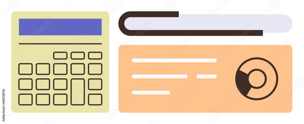 Calculator, pie chart on paper, and closed notebook symbolize analysis, organization, and planning. Ideal for finance, education, business strategy, productivity calculation data management simple